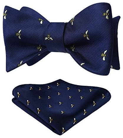 HISDERN Men's Bee Pattern Self Bow Tie And Pocket Square Set Wedding Party Accessories,Navy Blue & Yellow,One Size