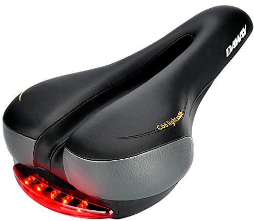 DAWAY C66 Comfortable Bike Seat for Men Women Kids - Memory Foam Padded Touring Bicycle Saddle with Taillight, Waterproof Leather Cushion, Soft, Breathable, Fits Road, Mountain, Electric Bikes