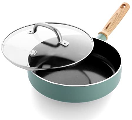 GreenPan Mayflower Healthy Ceramic Non-Stick 24 cm/2.7 Litre Sauté Pan with Lid, Vintage Wood Handle, PFAS-Free, Induction, Smoky Blue, Blue