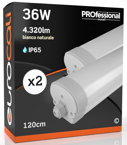 Eurocali 2x Plafoniere LED 36W 120cm Impermeabile IP65 4320 lumen - Forma: Tubo - Luce Bianco Naturale 4000K - Fascio Luminoso 120°