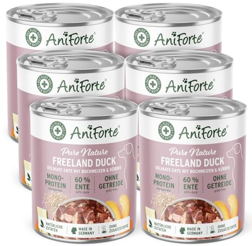 AniForte Hundefutter Nass Freeland Duck 6 x 400g – Nassfutter für Hunde mit viel Entenfleisch, Gemüse & Früchte, essentielle Mineralstoffe, natürliches Hundenassfutter glutenfrei