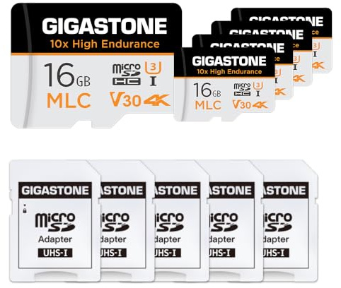 [5-Yrs Free Data Recovery][10x High Endurance] GIGASTONE MLC Micro SD Card 16GB 5-Pack with SD Adapter+5x Mini-case, 4K Video Recording, Security Cam, Dash Cam, Surveillance Compatible 95MB/s, U3 C10