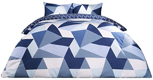 Dreamscene Geometric Shapes Double Duvet Cover Set with Pillowcases, Soft Comfy Breathable Polycotton, Quilt Covers Bedding Set, Lightweight Non-Fading, Navy Blue - 200 x 200cm