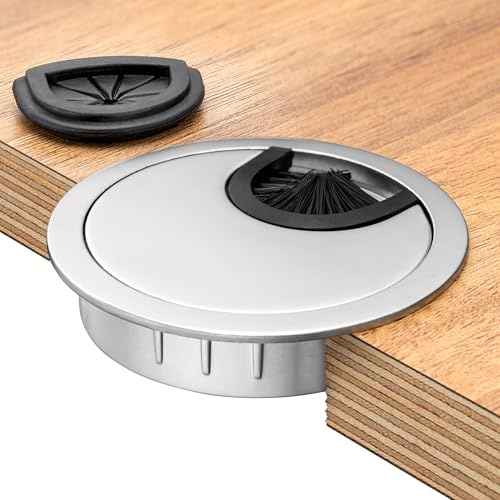 BRUCE.® 1x Kabelgenomföring Skrivbord Ø 60 mm – Premium Skrivbordsgenomföring Metall – Kabelgenomföring Kontor inkl. Utbytbar Genomföring – För Organiserad Kabelhantering (Silver)