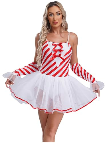CHICTRY Costume da Babbo Natale Donna Abito da Pattinaggio Artistico Balletto Tutu Leotards con Strisce Guanti Body da Ballo Latino Costumi di Carnevale