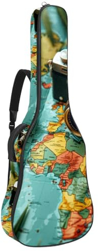 Akustikgitarre Tasche, Universal Gitarrentasche für 40/41/42 Zoll, wasserdichte Gigbag mit Schutzschicht, Gitarren Rucksack, Reisekarte Muster, mehrfarbig, 42.9x16.9x4.7 in, Gitarrentasche