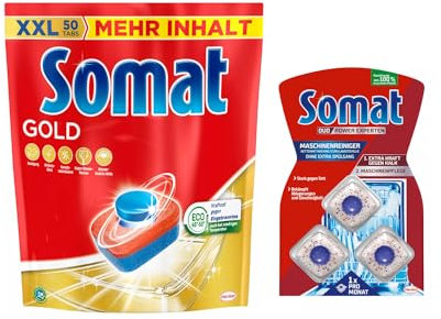 SOMAT Tabs 50 AW Gold, Geschirrspül Tabs für strahlend sauberes Geschirr auch bei niedrigen Temperaturen, gegen Eingetrocknetes + Somat Duo Power Experten 3 AW Maschinenreiniger 57g