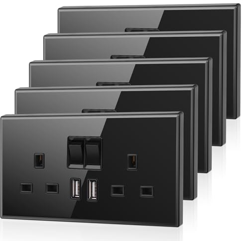 5 Pack CNBINGO Glass Double Switched Power Socket with 2 USB-A Charging Ports (2.1A Output), Electric Power Sockets 2 Gang 13 Amp, Black Double Wall Outlet with Tempered Glass Panel | 2 Gang Wall Outlet with USB Ports, 13 Amp Electric Power Socket, Switch Control Power, Glass Panel, Easy DIY Install