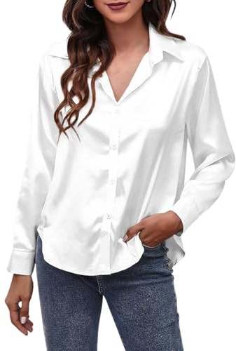TUONYIS Women Satin Blouse, Long Sleeve Plain Dress Shirt, Button Down V Neck Shirts, Satin Shirts Collar Blouses, for Casual Going Out Tops Office Work Business Fitted Stretch (White)