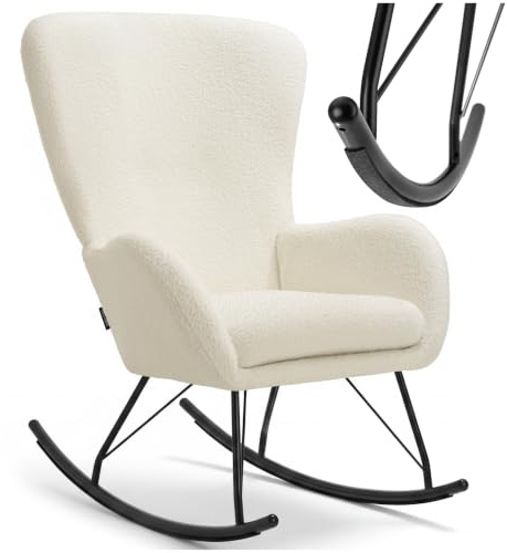 tectake® Mecedora con Respaldo Grande y cojín extraíble, Acolchado Grueso, Estructura de Acero Resistente, sillón, Silla Relax, butaca Dormitorio, Mecedora Lactancia - Crema/Negro