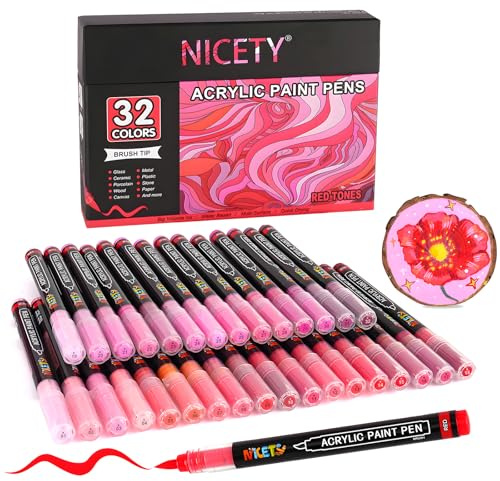 NICETY 32 Colores Rotuladores Acrílicos - Marcadores de Pincel para Pintura en Piedra, Madera, Vidrio, Cerámica - Punta de Pincel 1-6mm, Rotuladores Acrílicos a Base de Agua (Rojo)