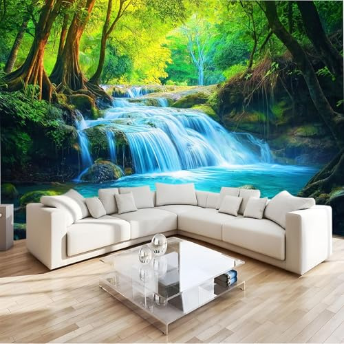 Papel Tapiz Fotográfico Mural 3D Bosque Cascada Arroyo Paisaje Natural Fotomurales Pared Tejido No Tejido Murales Decoración De Paredes 200 X 140 Cm Para Salón Dormitorio, Verde
