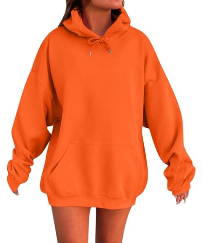 Plus Size Hoodie Womens Hoodies Oversized Ladies Casual Pullover Tops Long Sleeve Solid Color Hoodie Autumn Winter Sweatshirts with Pockets Women Jumper Orange