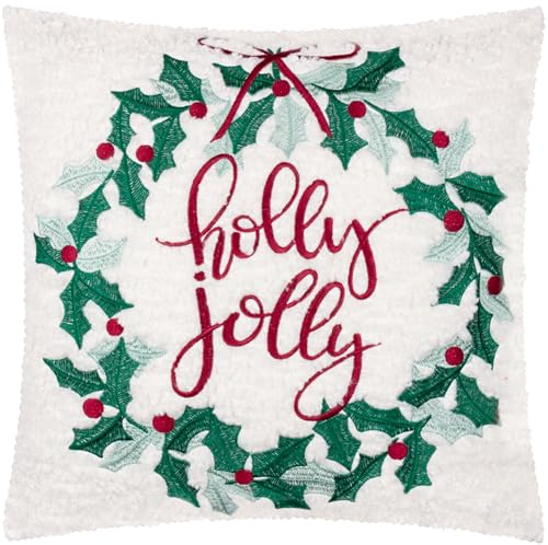 furn. Holly Wreath Cushion Cover – Embroidered Festive Christmas Bouclé Case with Velvet Reverse (Multicolour - 45x45cm)