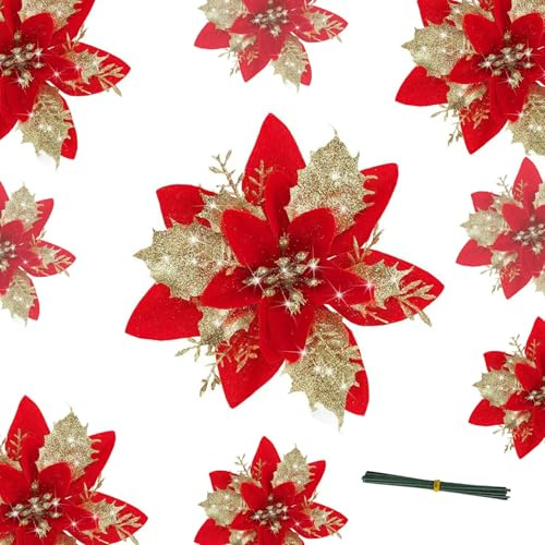 DITK-U 12 piezas de decoración de Navidad, flores artificiales flor de pascua con purpurina con clips, adornos de árbol de Navidad para Año Nuevo, boda, corona de Navidad, decoración del hogar y
