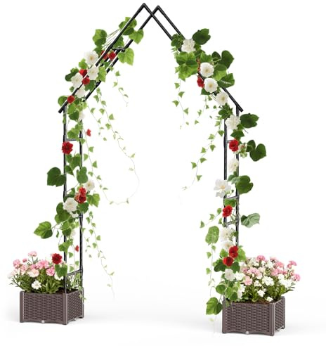 GarveeMore Arche de Jardin Paravent à Pointe avec Bac de Plantation, Fer + PE, Tuteur pour Plantes Grimpantes, Décoration Extérieur Résistante, 200x40x240 cm