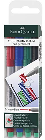 FABER-CASTELL 152604 - Marker Multimark, non-permanent, Stärke M, 4 Stück in Etui, je 1x rot, blau, grün, schwarz