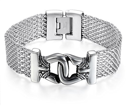 JewelryWe Herren Armband Edelstahl Handschelle Link Handgelenk Armkette Armreif Geschenk für Männer Silber
