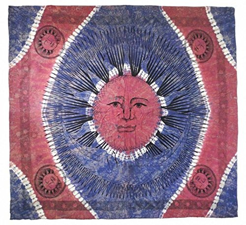 Oriental Galerie Tagesdecke Sonne Mond Bettüberwurf Überwurf Wandbehang Wandtuch Baumwolltuch Goa Tuch Indien 210x230 cm Baumwolle Mehrfarbig Blau Rot Nr. 88
