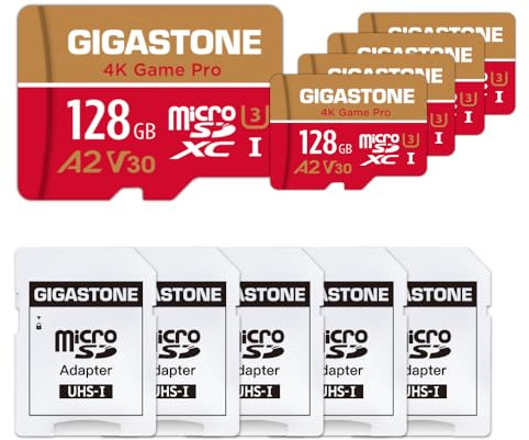 [5 Jahre kostenlose Datenwiederherstellung] Gigastone 4K Game Pro 128GB MicroSDXC Speicherkarte 5er-Pack und SD-Adapter, Kompatibel mit GoPro Switch, schwindigkeit 100 MB/s, A2 U3 V30 Micro SD Karte