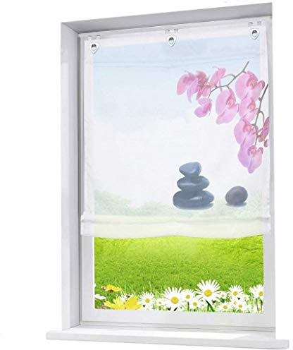 ESLIR Raffrollo Ohne Bohren Gardinen Küche Raffgardinen mit Ösen Transparent Ösenrollo Vorhänge mit Blumen Druck Voile Weiß BxH 100x140cm 1 Stück