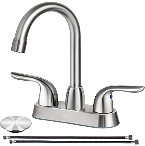 SOKA Centerset Bathroom Sink Faucet Two Handles High Arc 4 Lavatory Bath with Deck Plate & Pop-Up Drain Fit 3 Hole Installation, Brushed Nickel