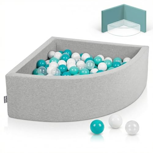 KiddyMoon Eckiges Viertel Bällebad 90x30cm mit 200 Bälle 7 cm Schaumstoff Bällepool für Baby und Kleinkinder - Hellgrau: Helltürkis Weiß Transparent Türkis