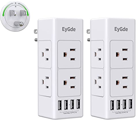 (2 Pack) Multi Plug Outlet Extender, EyGde Outlet Splitter with Rotating Plug, 6 Wall Outlet Widely Space (3 Side) and 4 USB Ports, Wall Adapter Power Strip Surge Protector (1700J) for Travel, Office