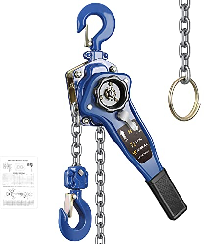 ANBULL Lever Chain Hoist 1650LBS 10FT, 3/4 Ton 3M Manual Ratchet Chain Puller Hoist w/G80 Galvanized Chain & Portable Hooks for Building Garages Warehouse Automotive Machinery