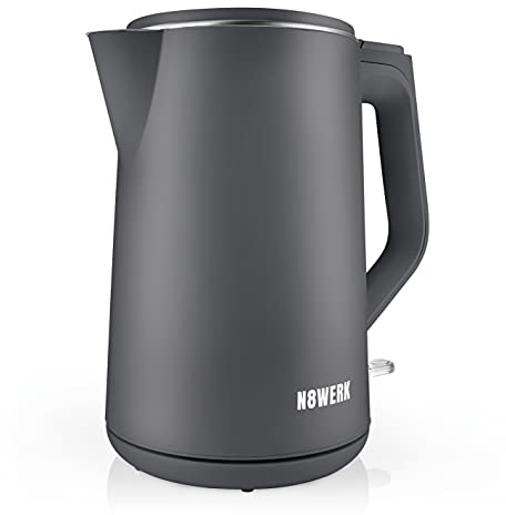 N8WERK Wasserkocher mit Doppelwand-Design in der Nordic Grey Edition | Fassungsvermögen 1,5 Liter, kabeloser Bedienkomfort, 2.200 Watt, 360° drehbar