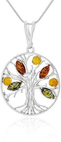 AMBEDORA, Collana da donna con ambra baltica colorata, argento 925 lucido, ciondolo celtico dell'albero della vita su catenina, set pronto per il regalo