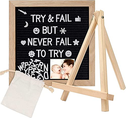 Letter Board aus Eiche und Filz 25×25cm Quadratisch Buchstabentafel mit 350 Buchstaben Staffelei und Beutel Buchstaben Tafel Holz Buchstabenbrett Rillentafel Memotafel (Schwarz)