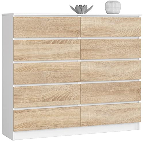 AKORD Kommode K-140 mit 10 (2 x 5) Schubladen | für das Wohnzimmer Schlafzimmer Schrank Büro Arbeitszimmer | Modernes Funktionales Design | B138 x H121 x T40 cm, Gewicht 75 kgWeiß/Sonoma-Eiche