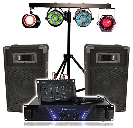 Kit de sonorisation Ibiza DJ-300, Complet avec 2 Enceintes, amplificateur, Table de mixage, Portique Lumières DJ, Câbles