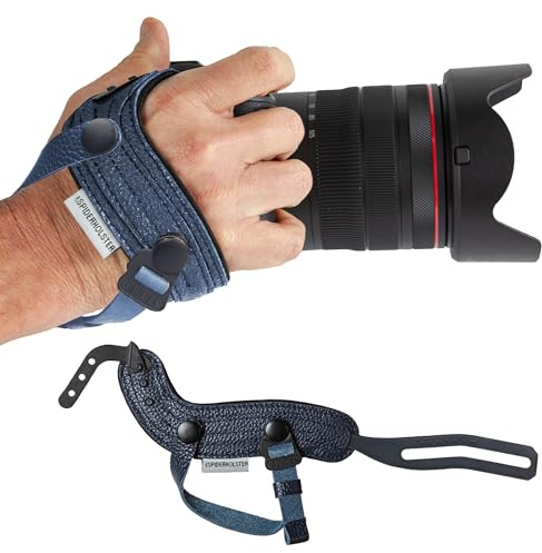 Spider Holster - SpiderPro Camera Hand Strap v2 with Snap Assembly and Optional Wrist Strap – DSLR and Mirrorless Compatible (Dark Blue) - Genuine Leather + Memory Foam