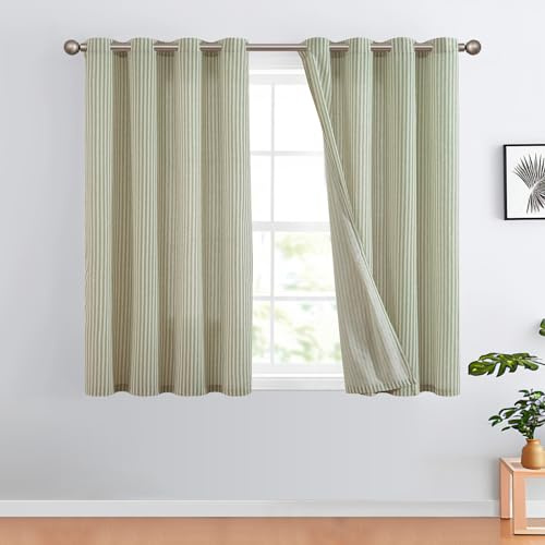 TOPICK Linnegardiner randiga gardiner med öljetter modern beige linneutseende gardin vardagsrum privarsfär gardin ljusfiltrering öljettskynke med ränder mönster set om 2 stycken H 175 x 130 cm grön på