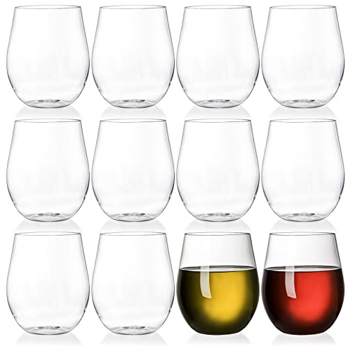 Tebery 12 Pack 600ml Unbreakable Plastic Wine Glasses Stemless, 20oz Clear Drinking Glasses Wine Cups, Reusable for Champagne, Dessert, Catering, Weddings