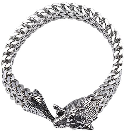 Ayoiow Männer Armband Indianer, Herren Armband Edelstahl Leder Armband Punk Silberkette mit Wolfskopf