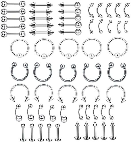 Septum Piercing Chirurgenstahl Ring, Piercing Ring mit Silber Kreiskugel U form 60Pcs Piercingschmuck Geschenk für Frauen Männer