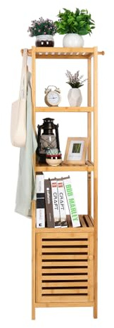 unho Meuble de Rangement Bambou Haute: Armoire de Salle de Bain Meuble Colonne avec 3 étagères et 1 Porte Présentoir Placard de Rangement pour Salle à Manger Salon 33.8x33x140cm