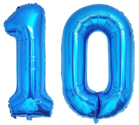 Ponmoo 40 inches Foil Balloons Numbers 10 Blue (101cm), Inflatable Helium or Air, Giant Balloon Number 0-9, 10-29, 30-100, Grand Balloons for Anniversary Wedding Birthday Party Decoration