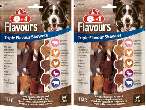 8in1 Triple Flavour Skewers Kaustangen für Hunde - Kausnacks mit extra viel Fleisch, 113g Beutel (Packung mit 2)