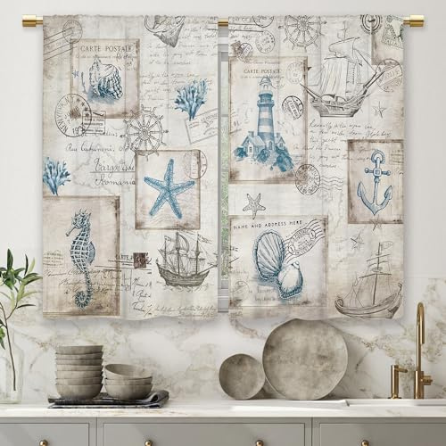 Laifzere Vintage Nautical Coastal Kitchen Curtains Sailboat Compass Small Short Cafe Window Curtains Ocean Beach Seashell Starfish Bathroom Drapes Treatment Tier Curtains 2 Panels (27.5x39 Inch)