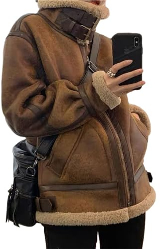 PengGengA Giacca Corta da Donna Faux Suede Caldo Fleece Giacca da Moto Collo alto Cappotto invernale foderato in pile Faux - Marrone, XL