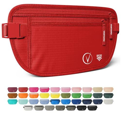 Vantamo Bauchtasche Damen Ultraflach mit RFID-Schutz, Geldgürtel für Reisen mit 2 Fächer und Verstellbarem Gurt, Hüfttasche Herren für Laufen und Wandern Passt für Reisepass, Bargeld und Telefon