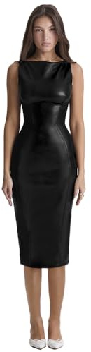 XLLAIS Sexy Sleeveless PU Sheath Bodycon Dress Faux Leather Midi Pencil Dress Black Small