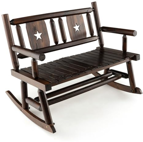GOPLUS Banc à Bascule Extérieur pour 2 Personnes, Fauteuil à Bascule Double en Bois Carbonisé avec Siège Courbé, Balancelle de Porche pour Jardin, Arrière-Cour, Charge 320KG, Marron Rustique