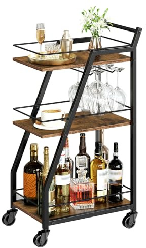 YATINEY Bar Cart, Drinks Trolley with Glass Holder, Serving Trolley on Wheels, Small Bar Cart, Drinks Cart for Bar, Kitchen, Dining, Rustic Brown and Black XBC03BR