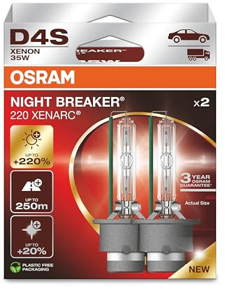 OSRAM XENARC NIGHT BREAKER 220, D4S, +220% más brillo, lámpara de faro de xenón, 66440XN2-2HB, Caja plegable (2 lámparas)