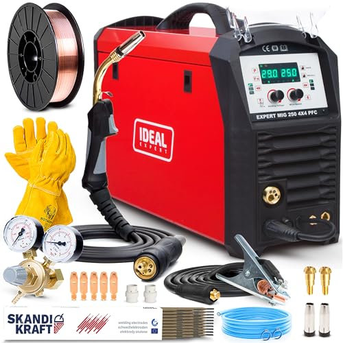 Ideal Expert MIG 250 PFC - 250A poste a souder mig avec gaz et en synergie - 4 roulettes - MIG/MAG, MMA, TIG Lift - soudage par points, soudobrasage - 2T/4T, mémoire de réglage - Kit basic